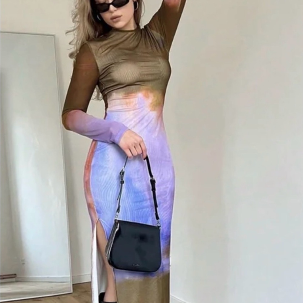 Brown Multi-Color Long Sleeve Ombre Maxi Dress